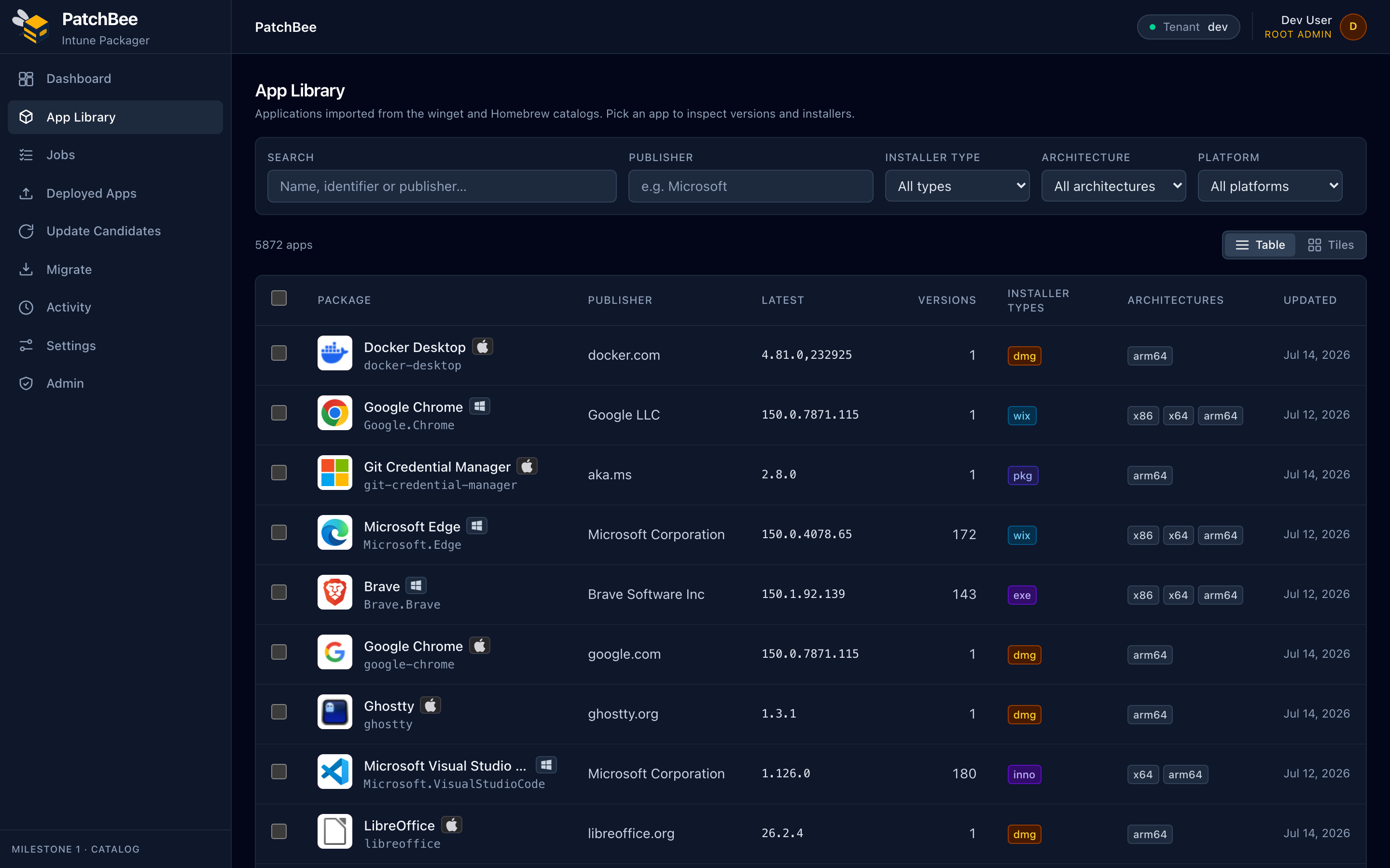 PatchBee App Library showing 5,872 curated Windows and macOS apps with icons, publishers, versions and installer-type badges.