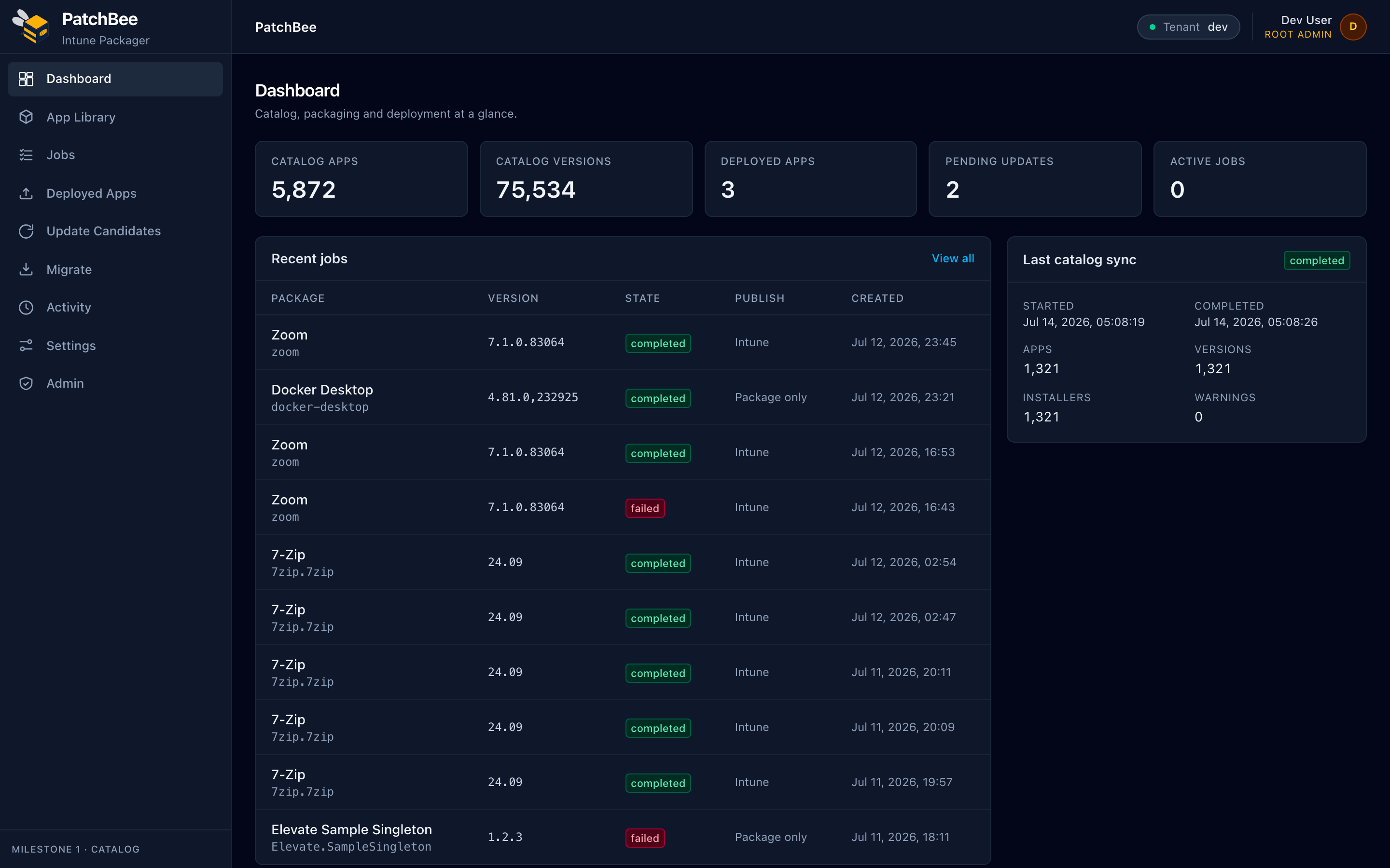 The PatchBee dashboard showing catalog totals, recent packaging jobs with their states, and the last catalog sync summary.