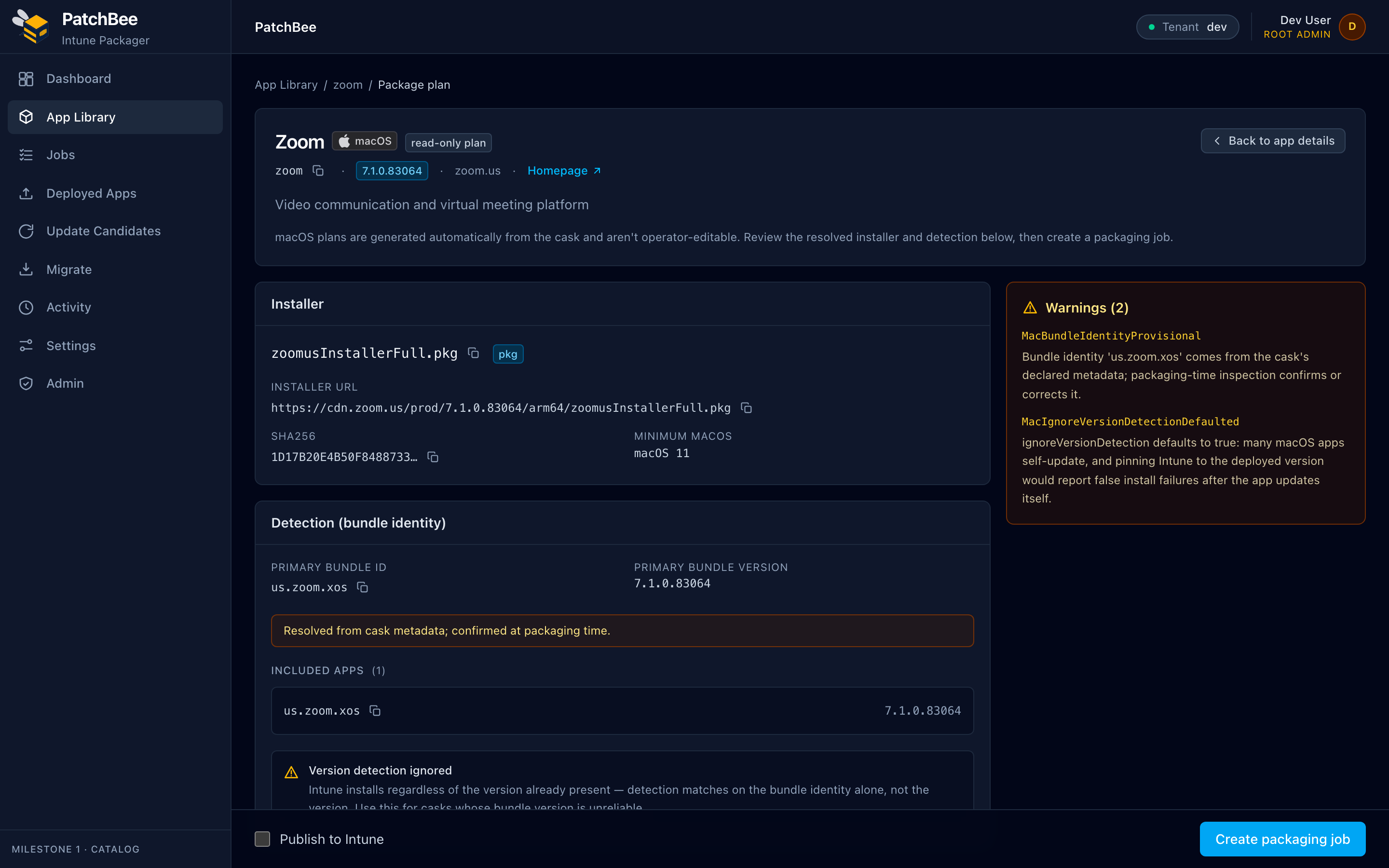 A PatchBee macOS package plan showing a dmg installer configured with bundle-identity based detection rules for Intune.