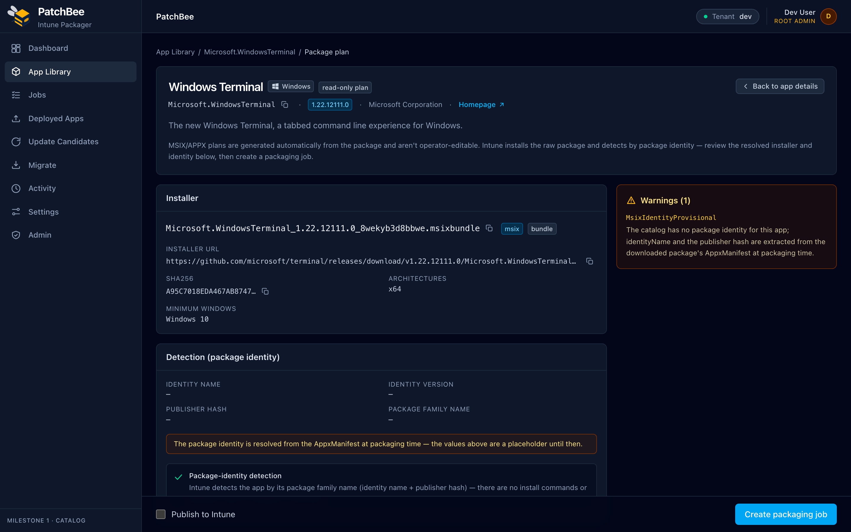 A PatchBee MSIX package plan publishing a Windows Terminal APPX/MSIX bundle as Intune's native Windows app type.